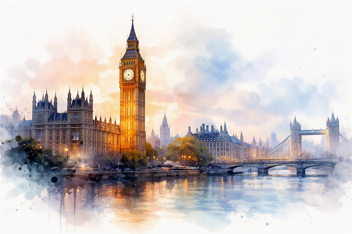 Fototapeten Aquarell-London im Morgengrauen
