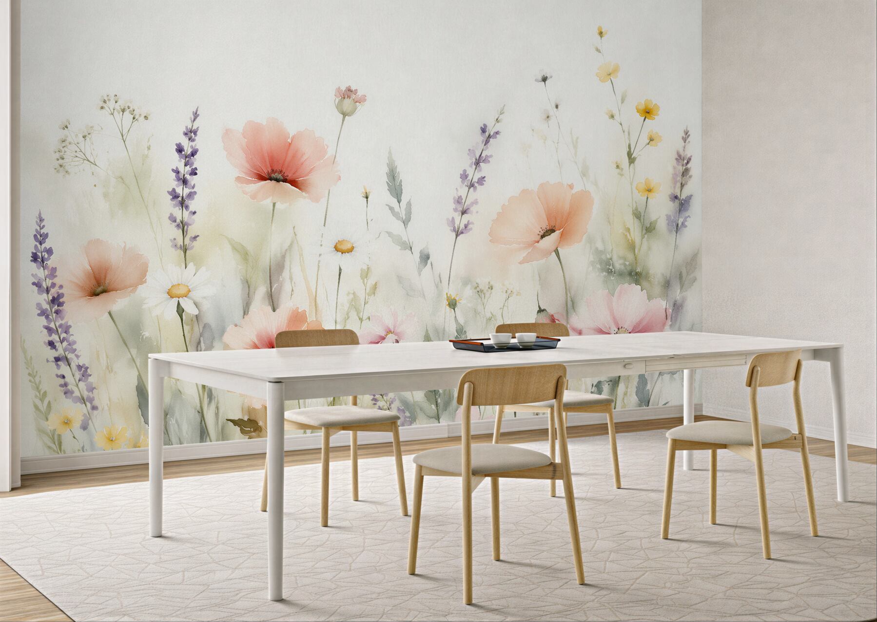 Fototapeten Aquarell-Wiese mit Pastellblumen