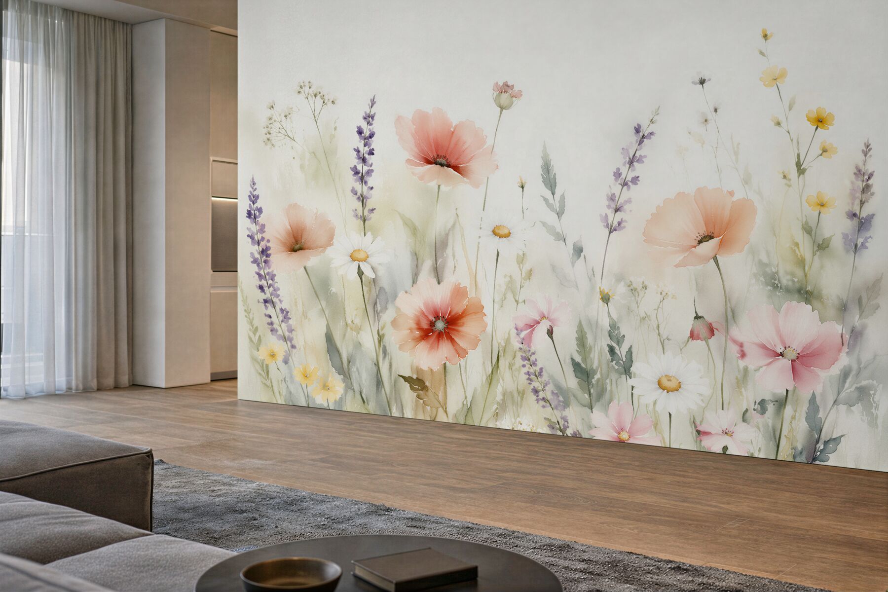 Fototapeten Aquarell-Wiese mit Pastellblumen