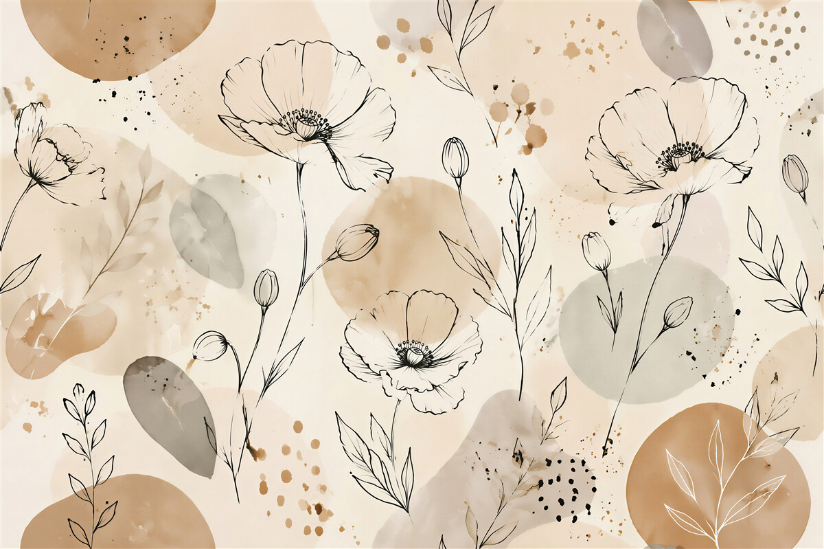 Fototapeten Skizzierte Mohnblumen in beiger Aquarelloptik