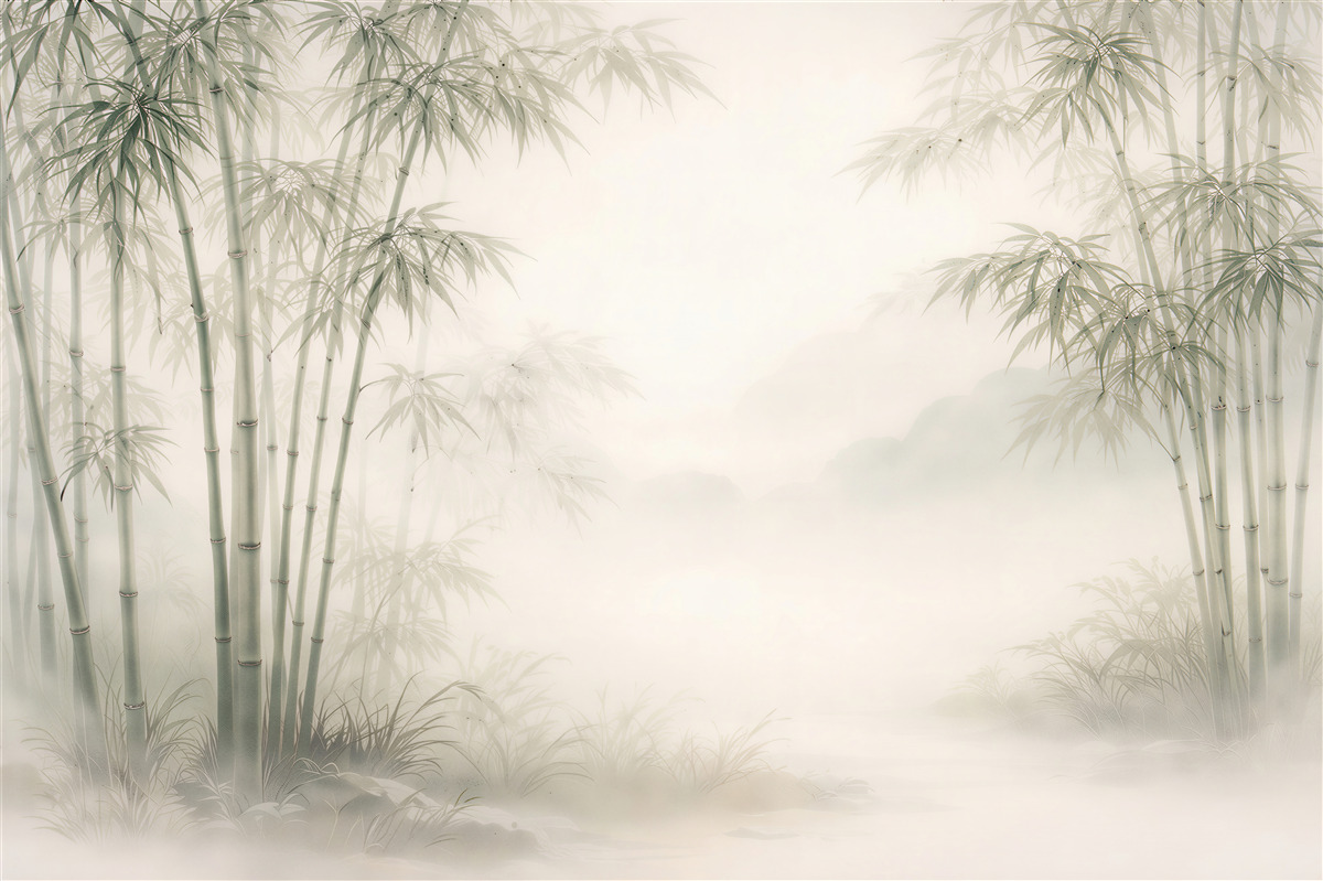 Fototapeten Bambusecke im Nebel