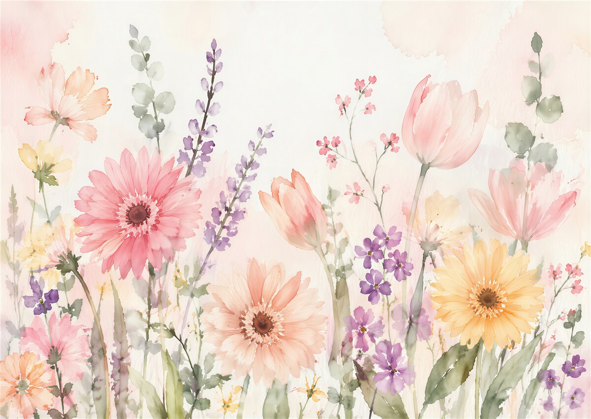 Fototapeten Pastellwiese aus Aquarellblumen