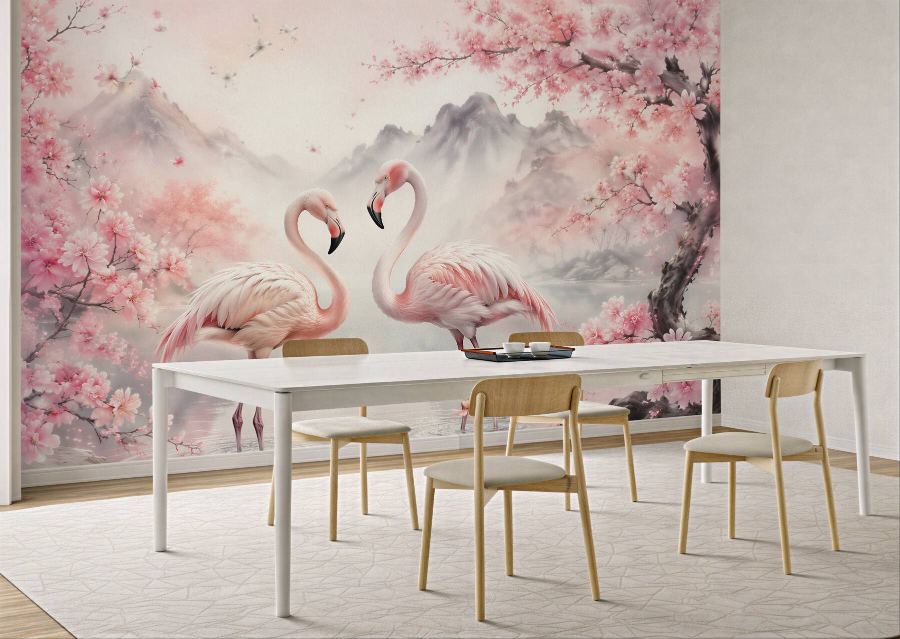 Fototapeten Flamingos in blühender Idylle