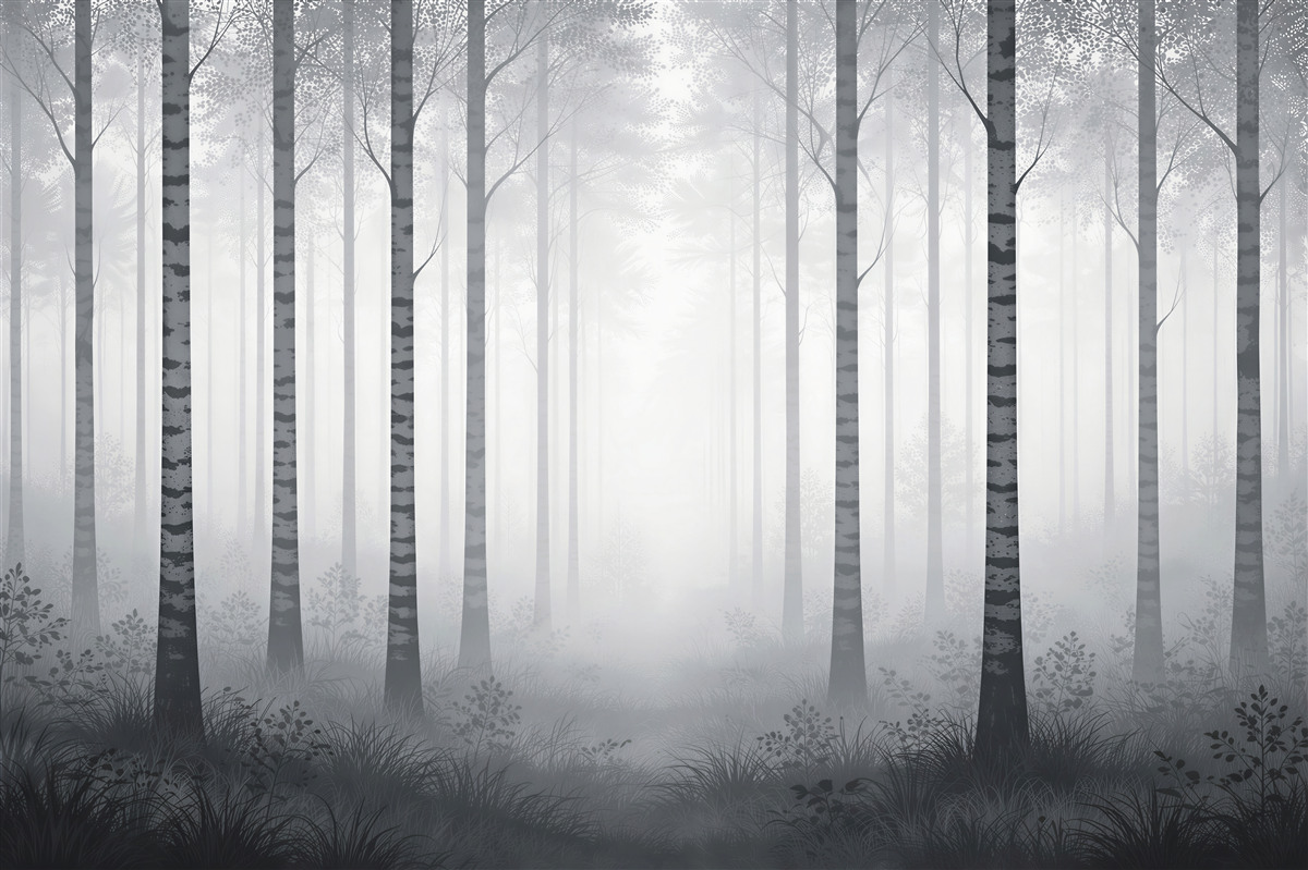 Fototapeten Nebeliger Birkenwald im Morgengrauen