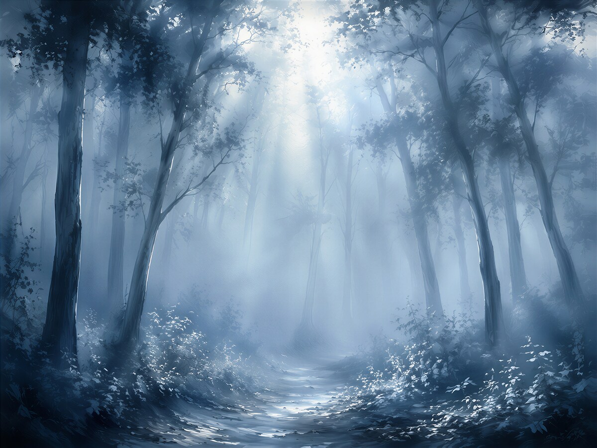 Fototapeten Waldnebel im blauen Licht