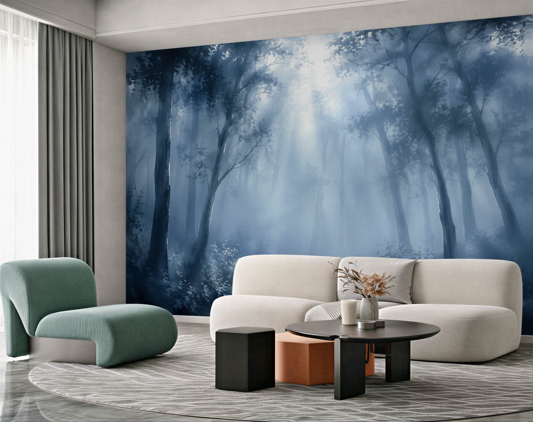 Fototapeten Waldnebel im blauen Licht