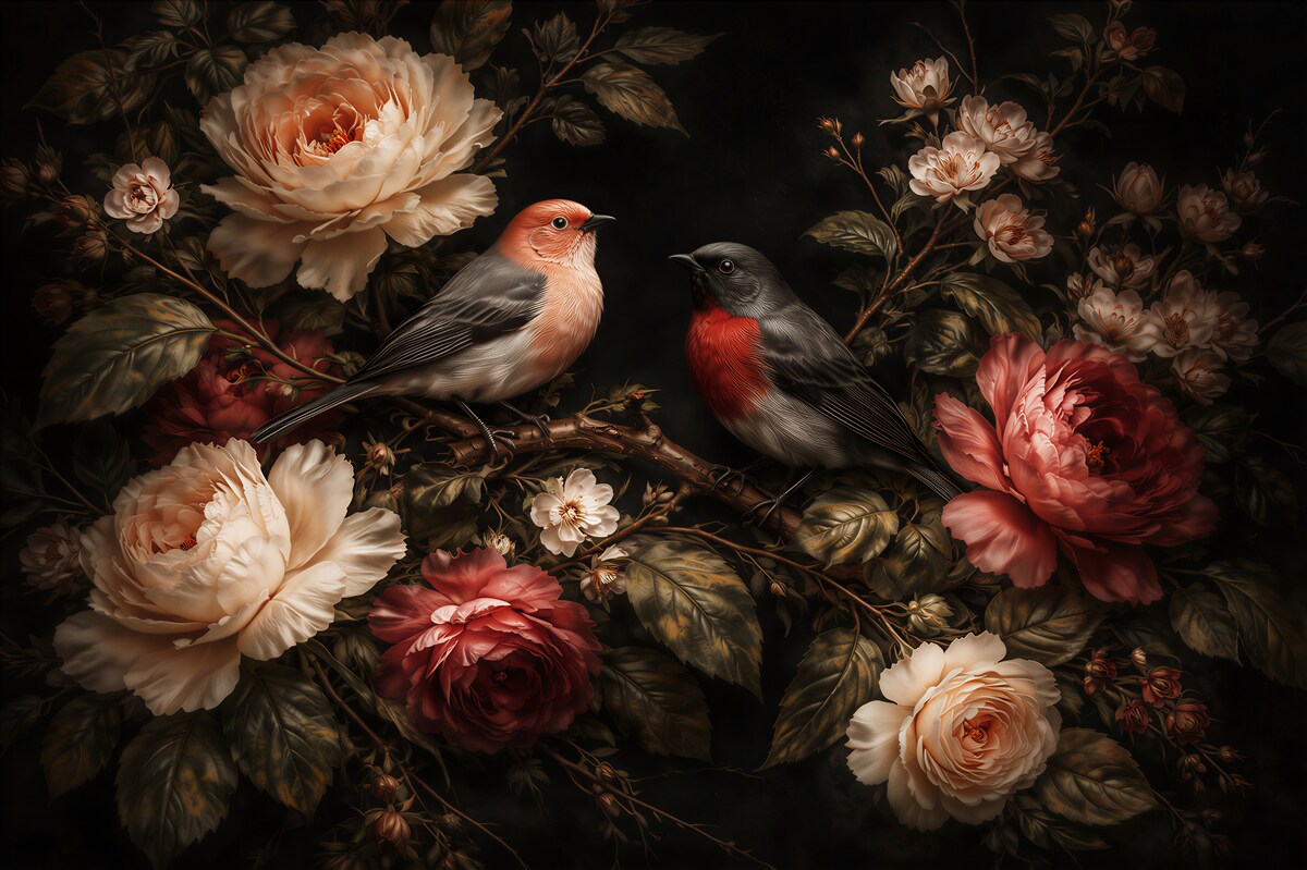 Fototapeten Vögel zwischen romantischen Rosen