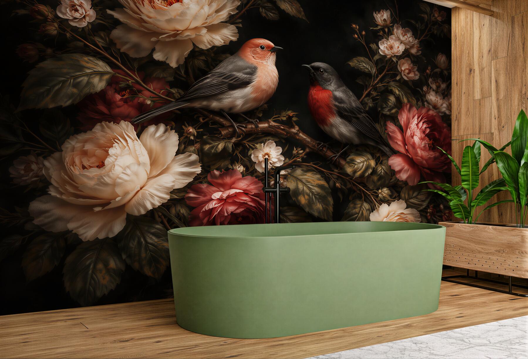 Fototapeten Vögel zwischen romantischen Rosen