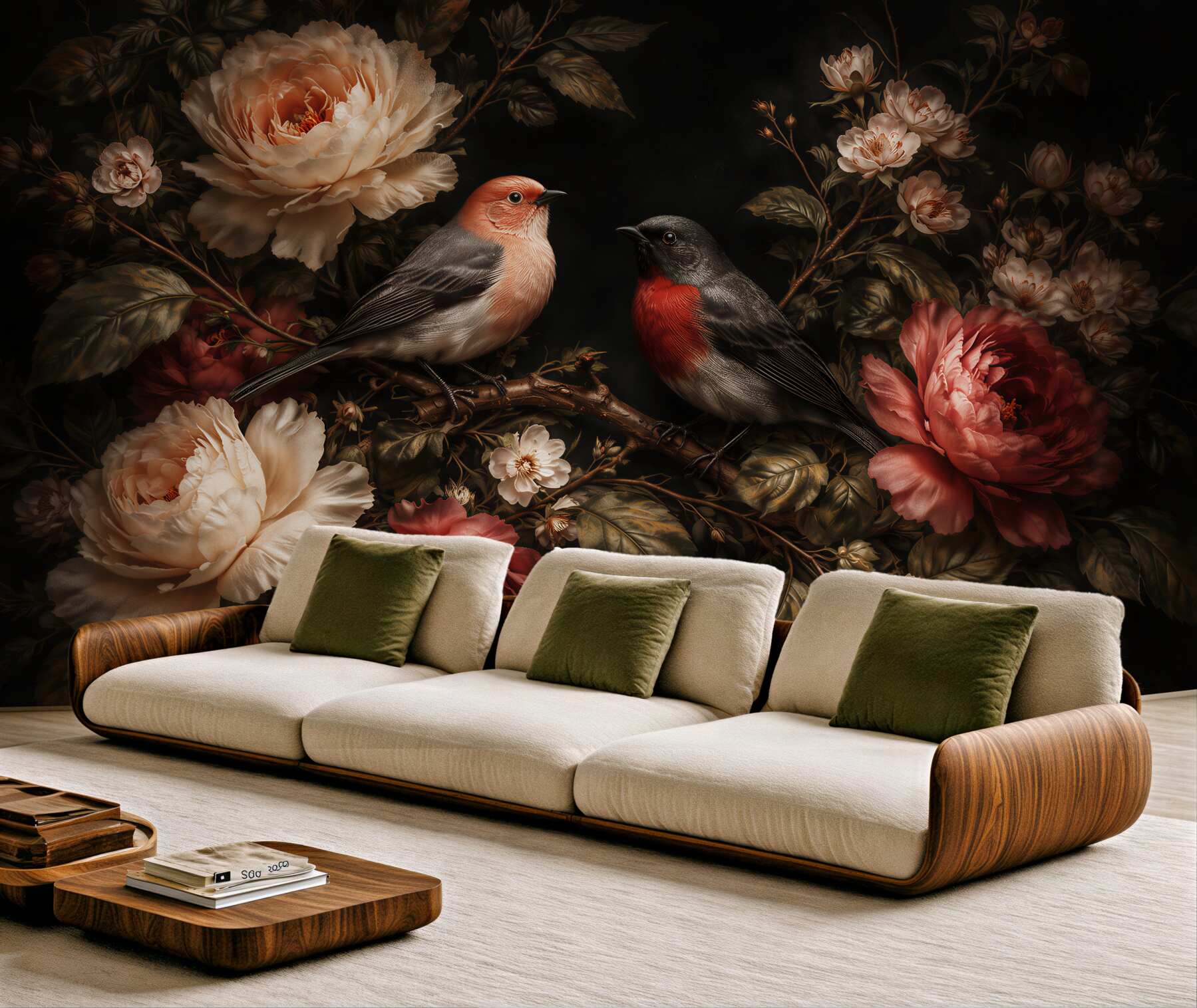 Fototapeten Vögel zwischen romantischen Rosen