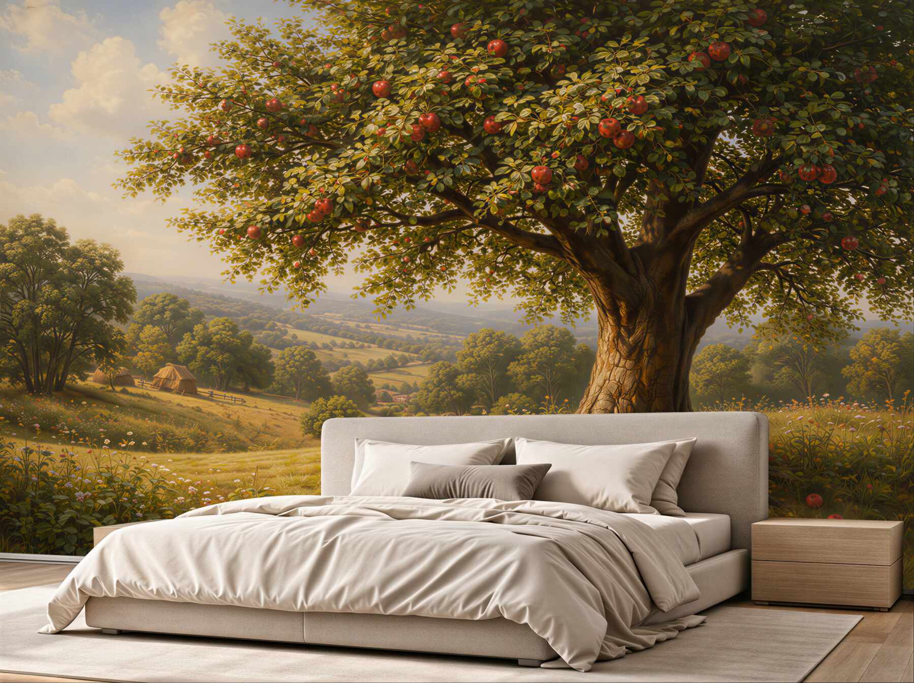 Fototapeten Ländlicher Apfelbaum in goldener Landschaft
