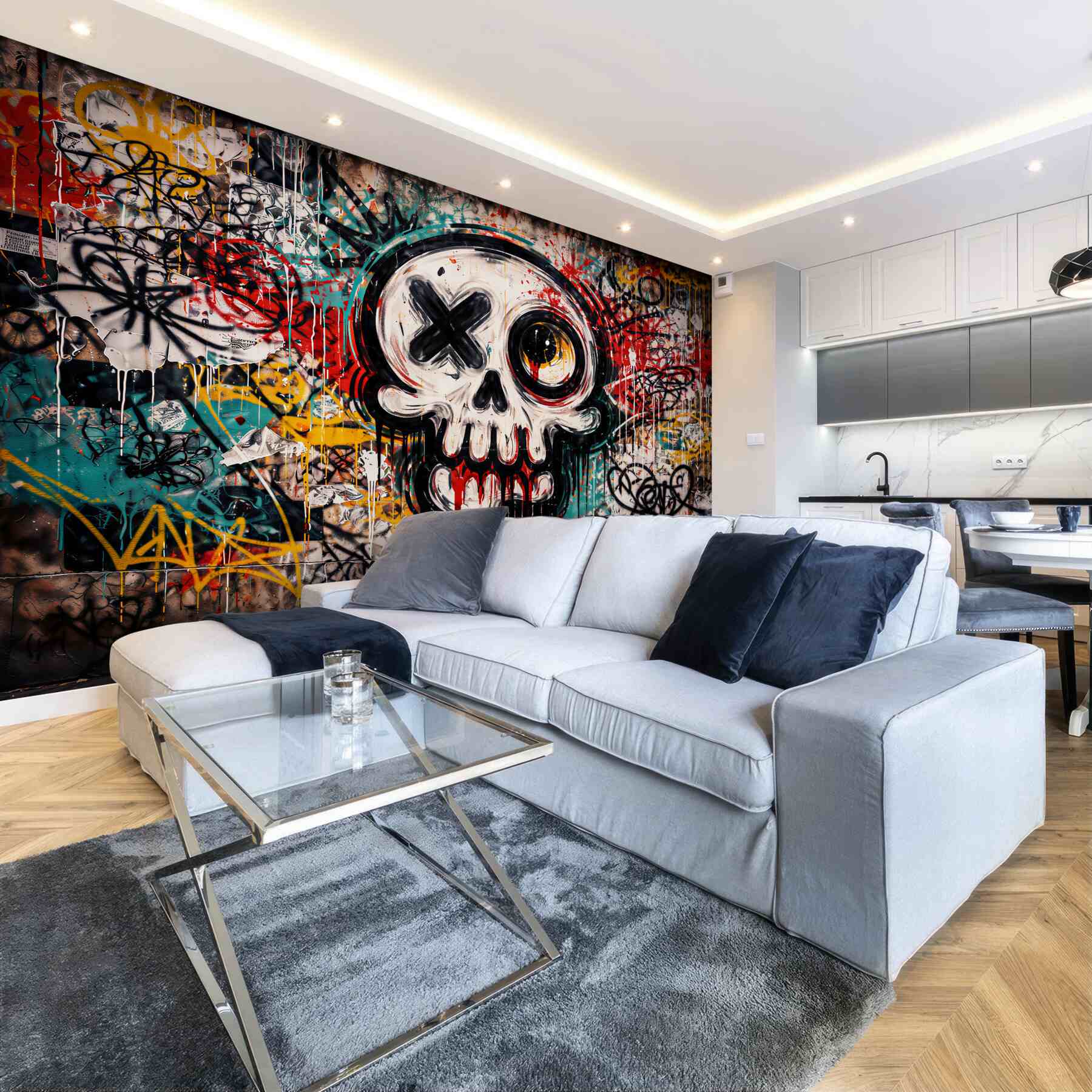 Fototapeten Graffiti mit Totenkopf und Straßenchaos