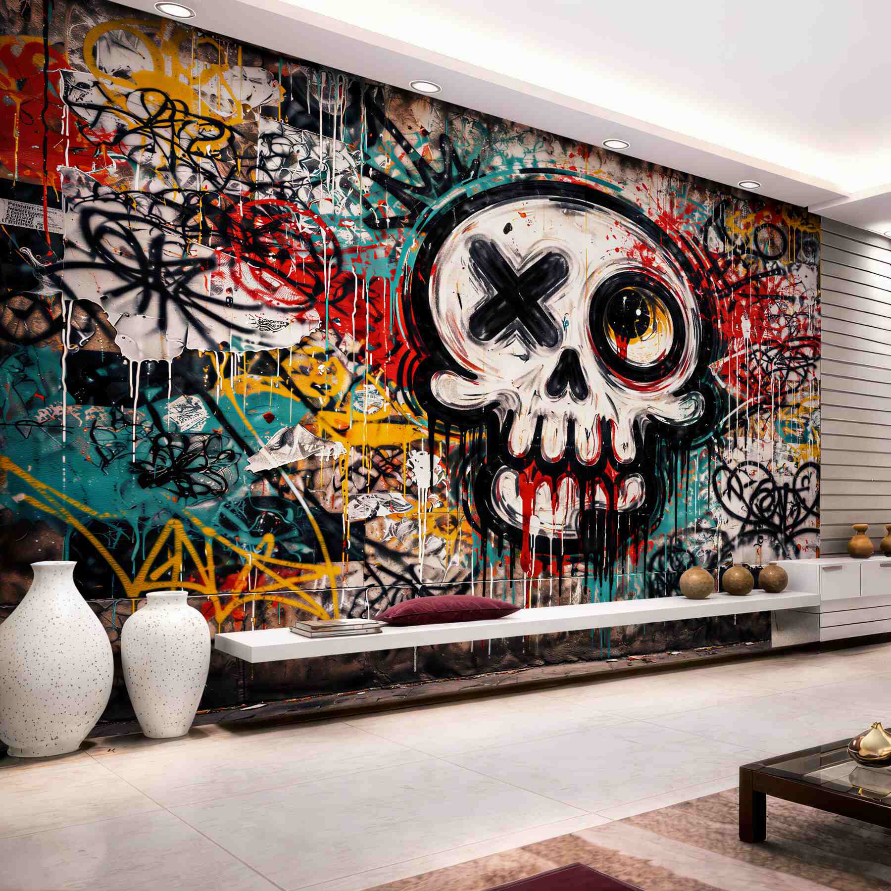 Fototapeten Graffiti mit Totenkopf und Straßenchaos