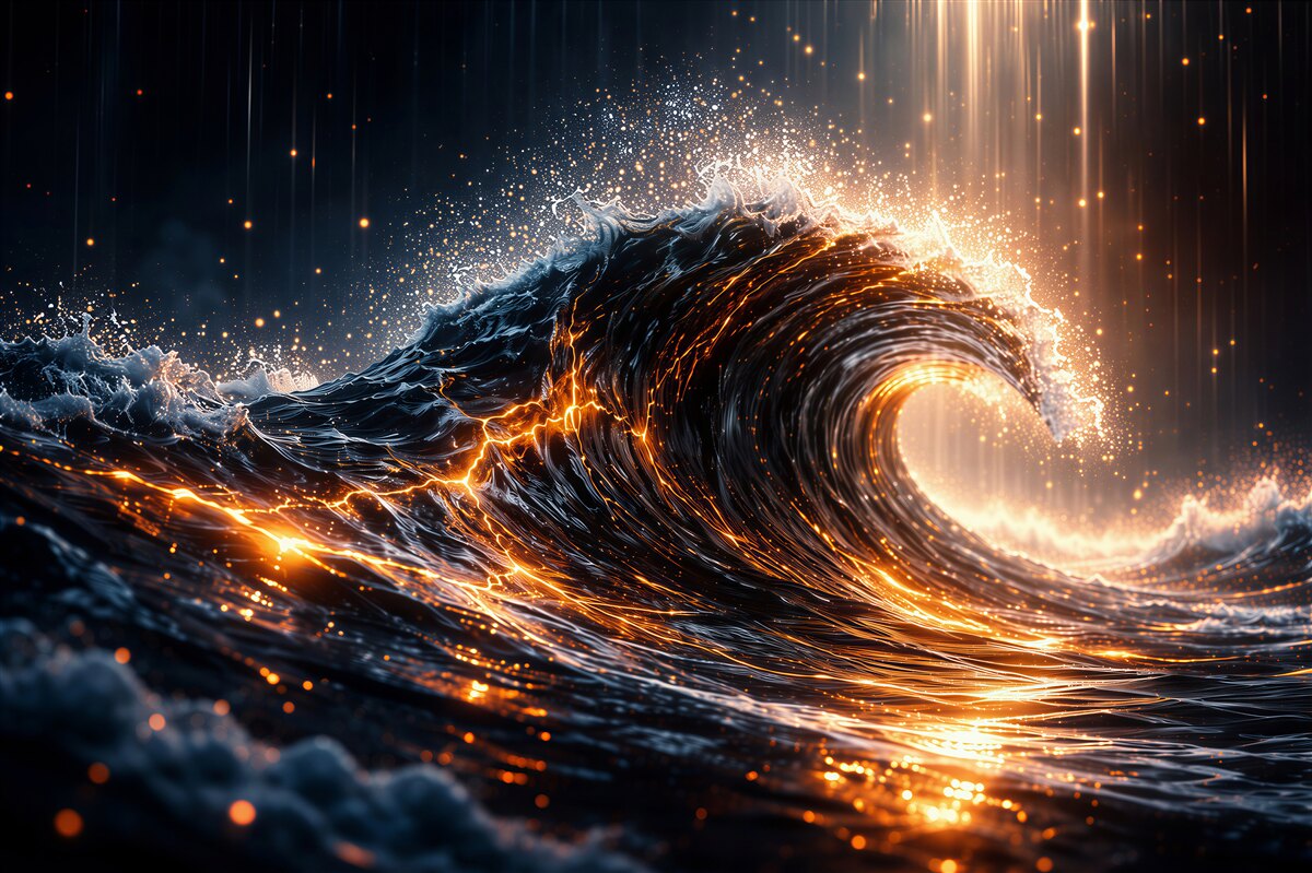Fototapeten Goldene Welle des nächtlichen Ozeans