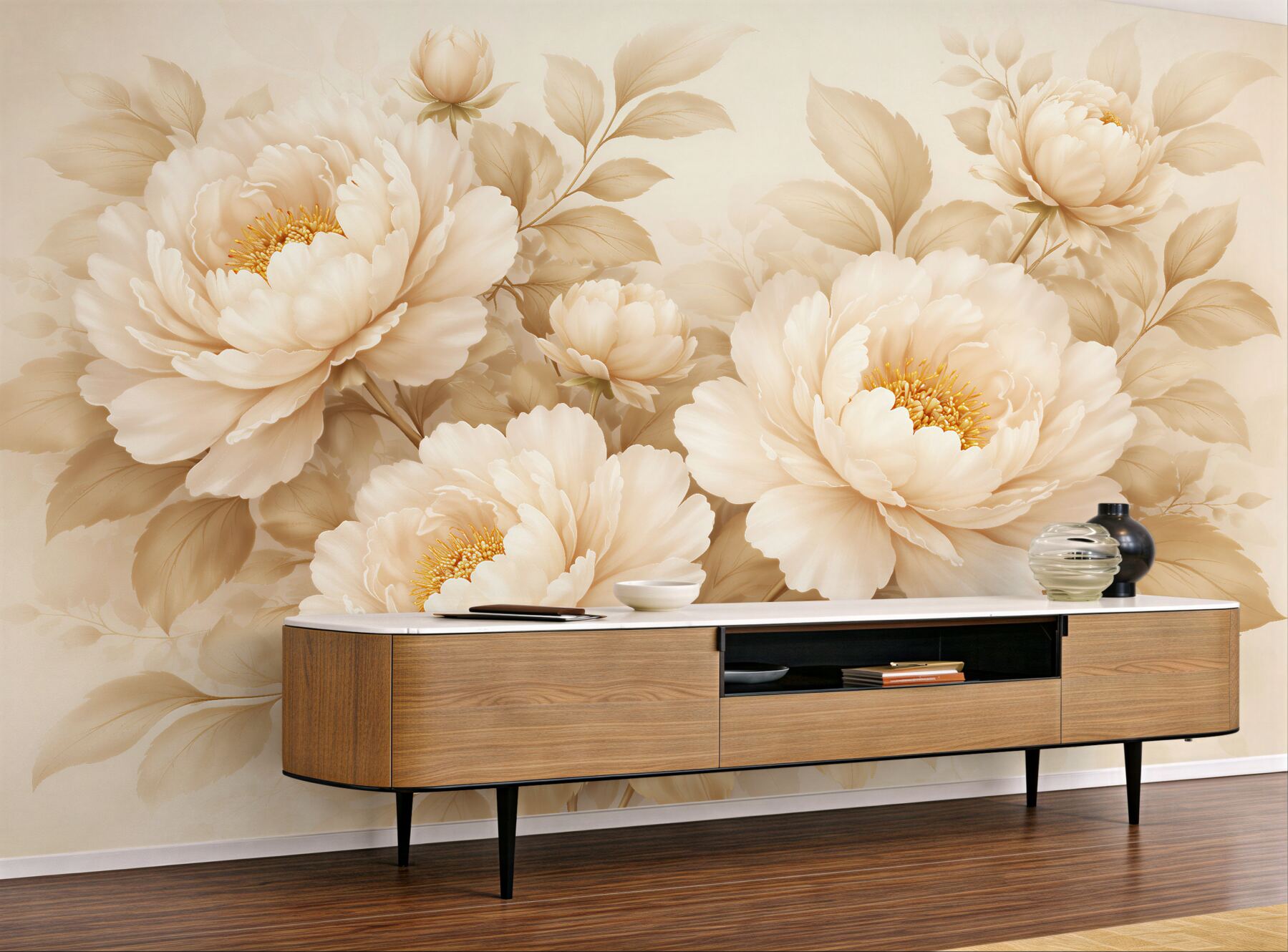 Fototapeten Beige Pfingstrosen im eleganten Stil