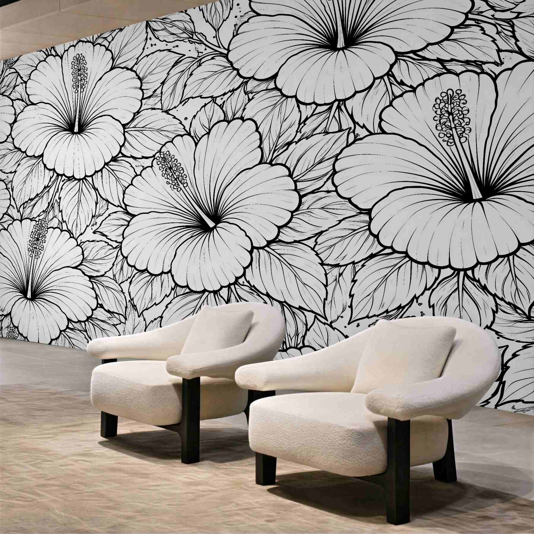 Fototapeten Hibiskusblüten in schwarz-weißer Kontur
