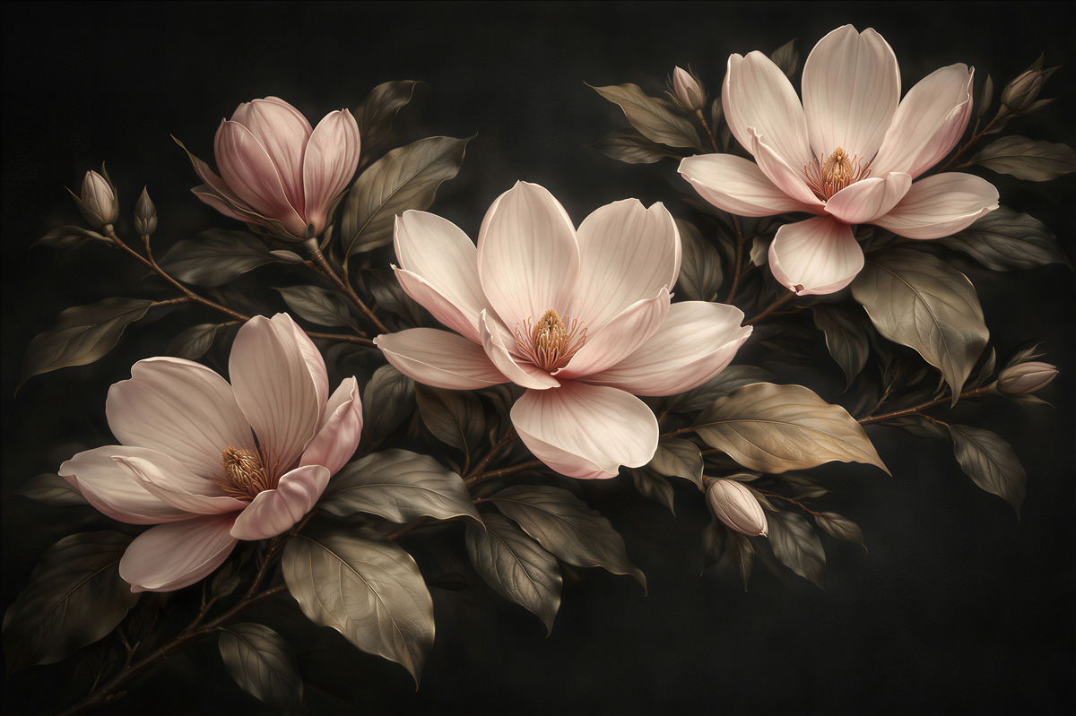 Fototapeten Sinnliche Magnolien auf dunklem Hintergrund