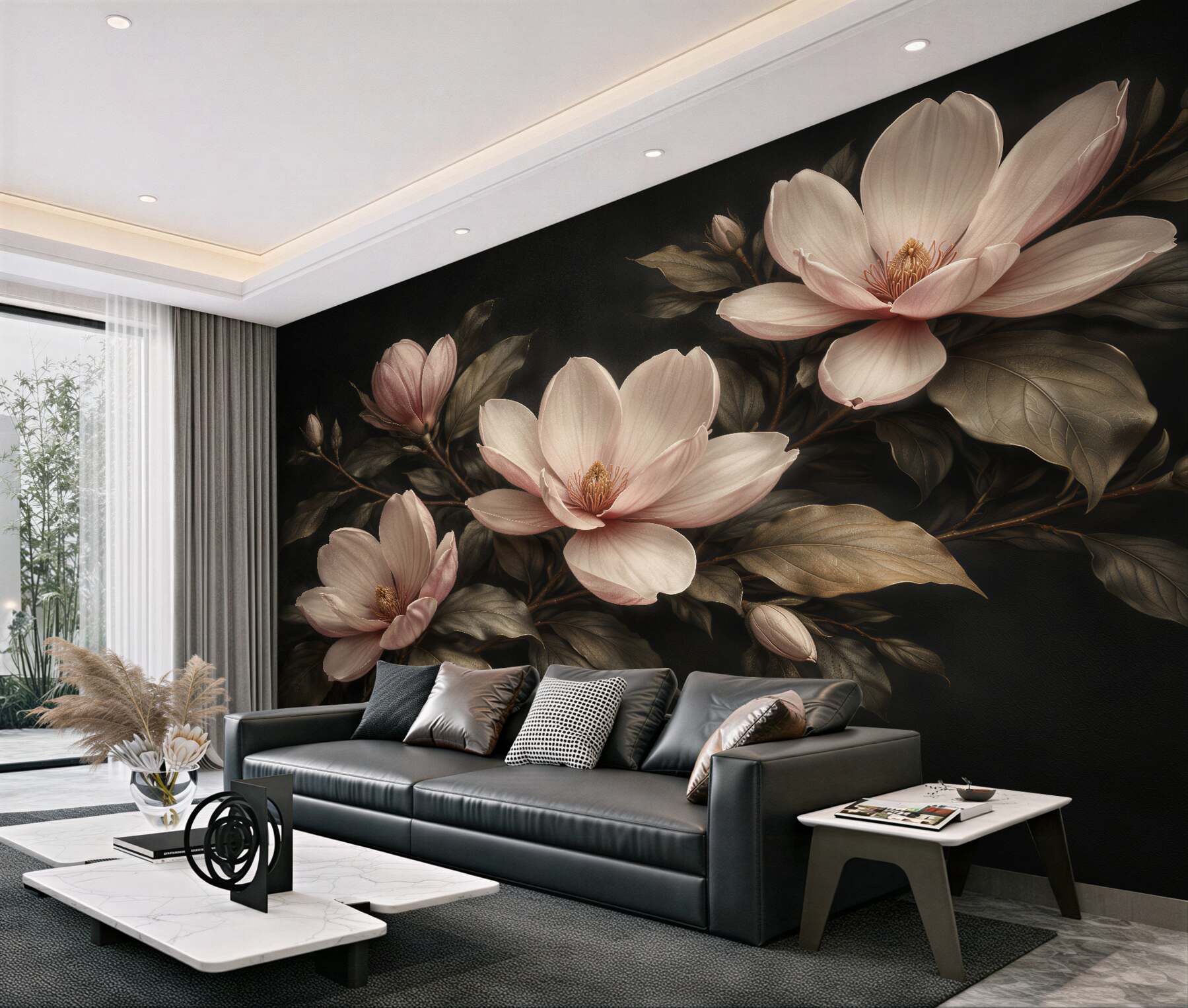 Fototapeten Sinnliche Magnolien auf dunklem Hintergrund