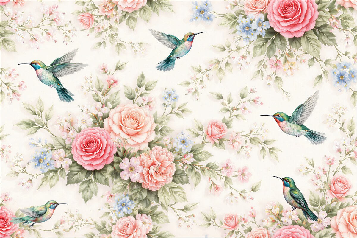 Fototapeten Kolibris zwischen Rosenblüten