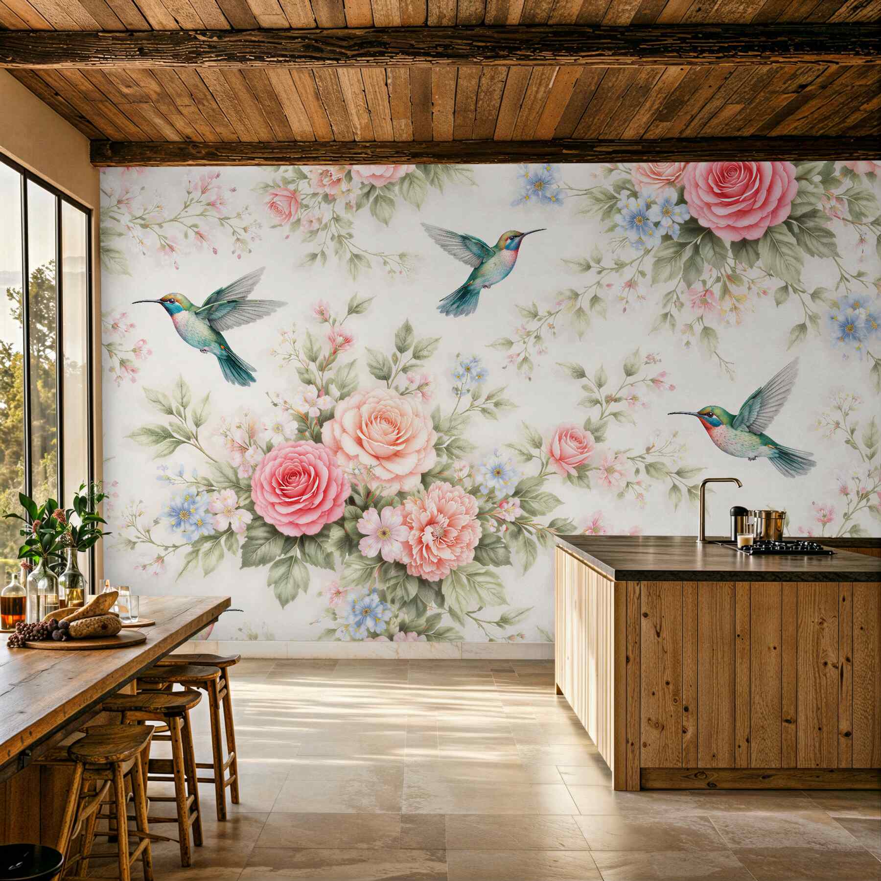 Fototapeten Kolibris zwischen Rosenblüten
