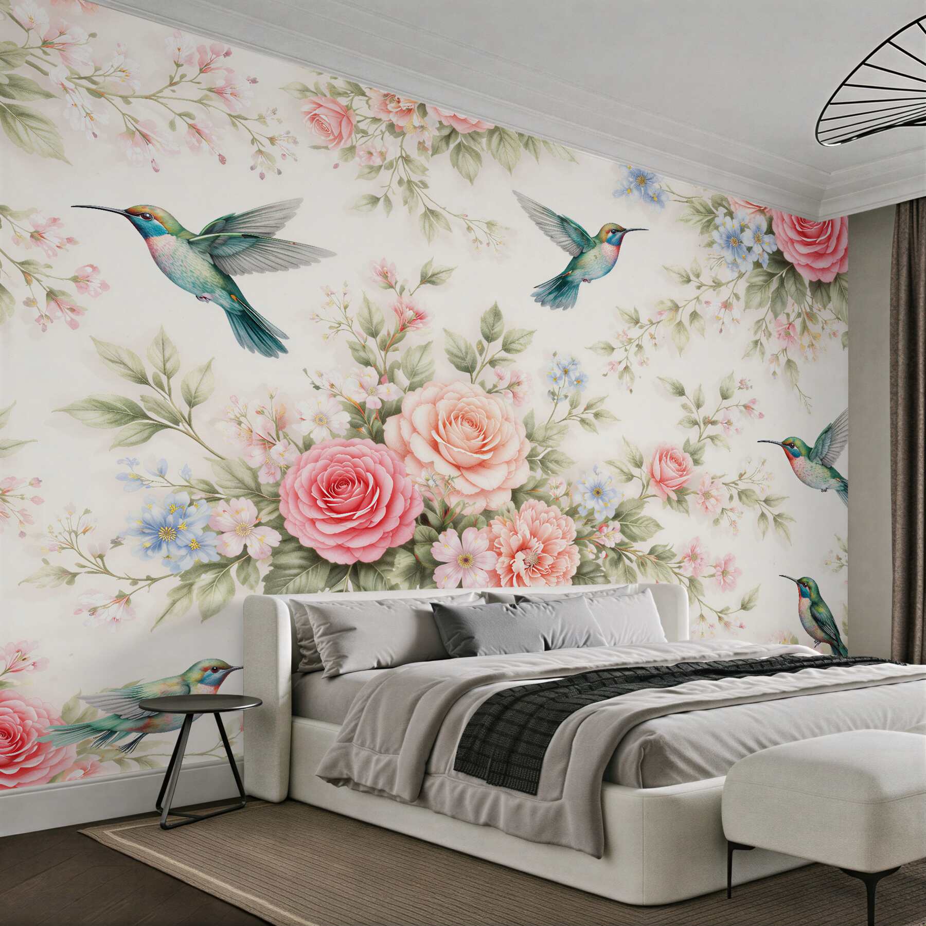 Fototapeten Kolibris zwischen Rosenblüten