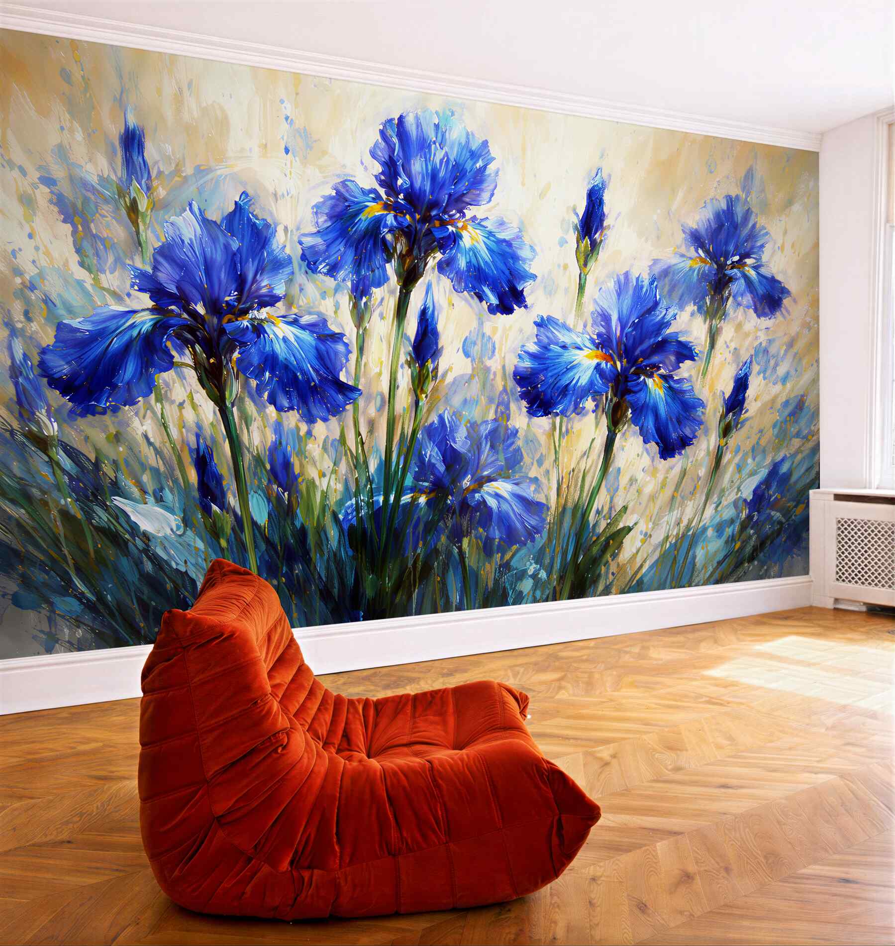 Fototapeten Gemalte blaue Iris im Licht