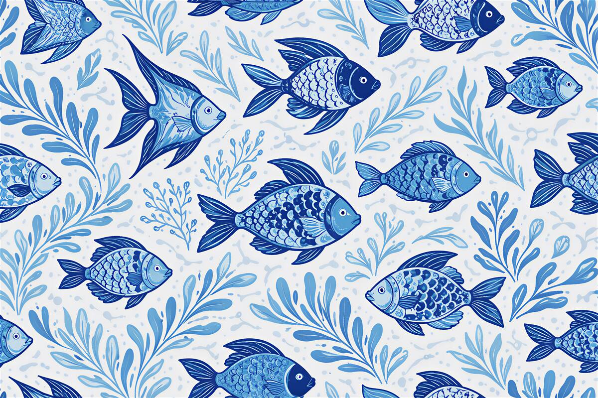 Fototapeten Blaue Fische und Meerespflanzen