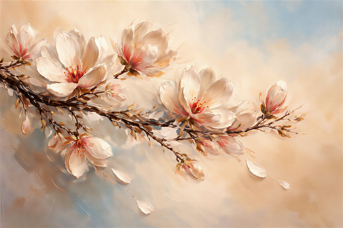 Fototapeten Zarter Magnolienzweig im Licht