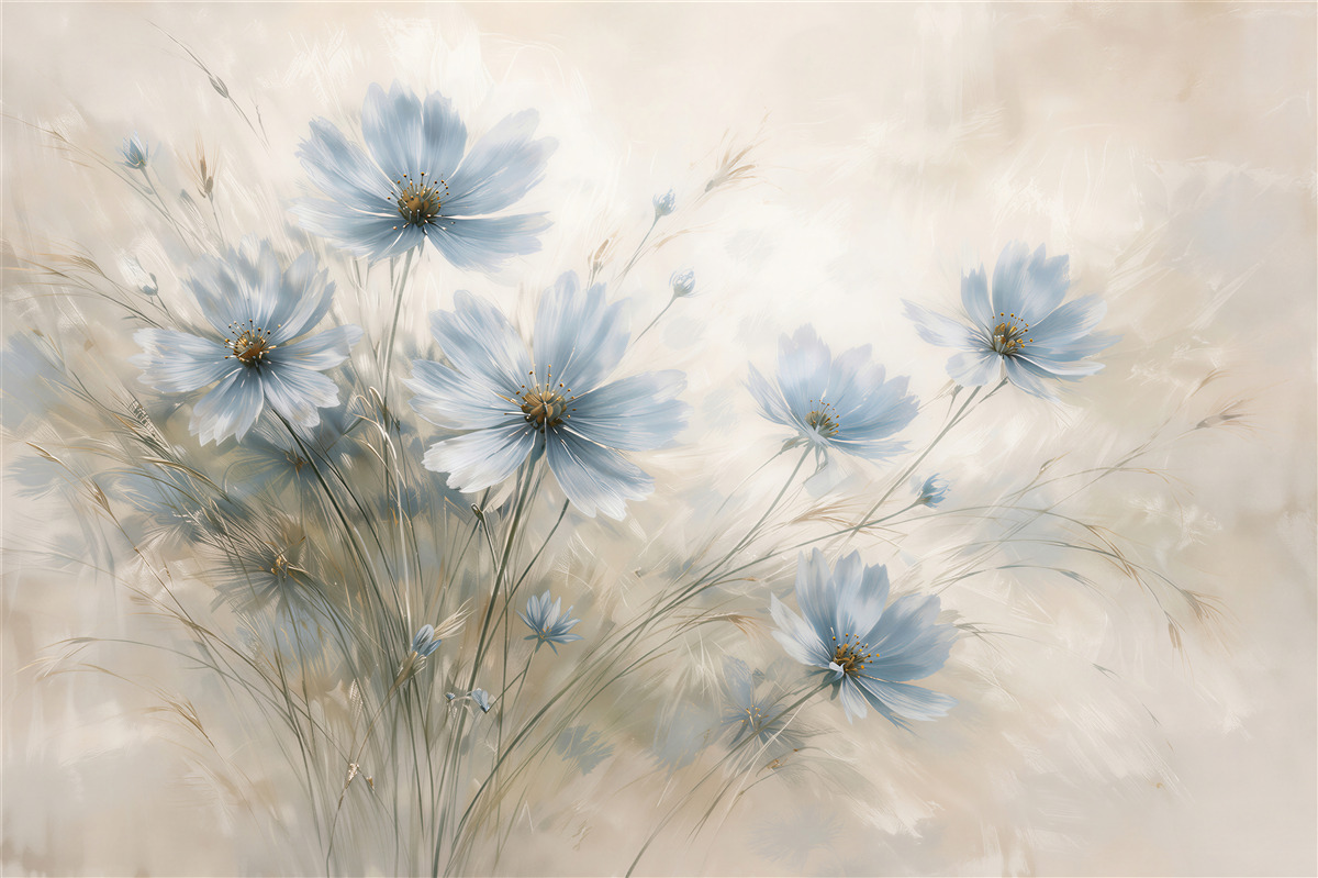 Fototapeten Hellblaue Blumen im ätherischen Nebel