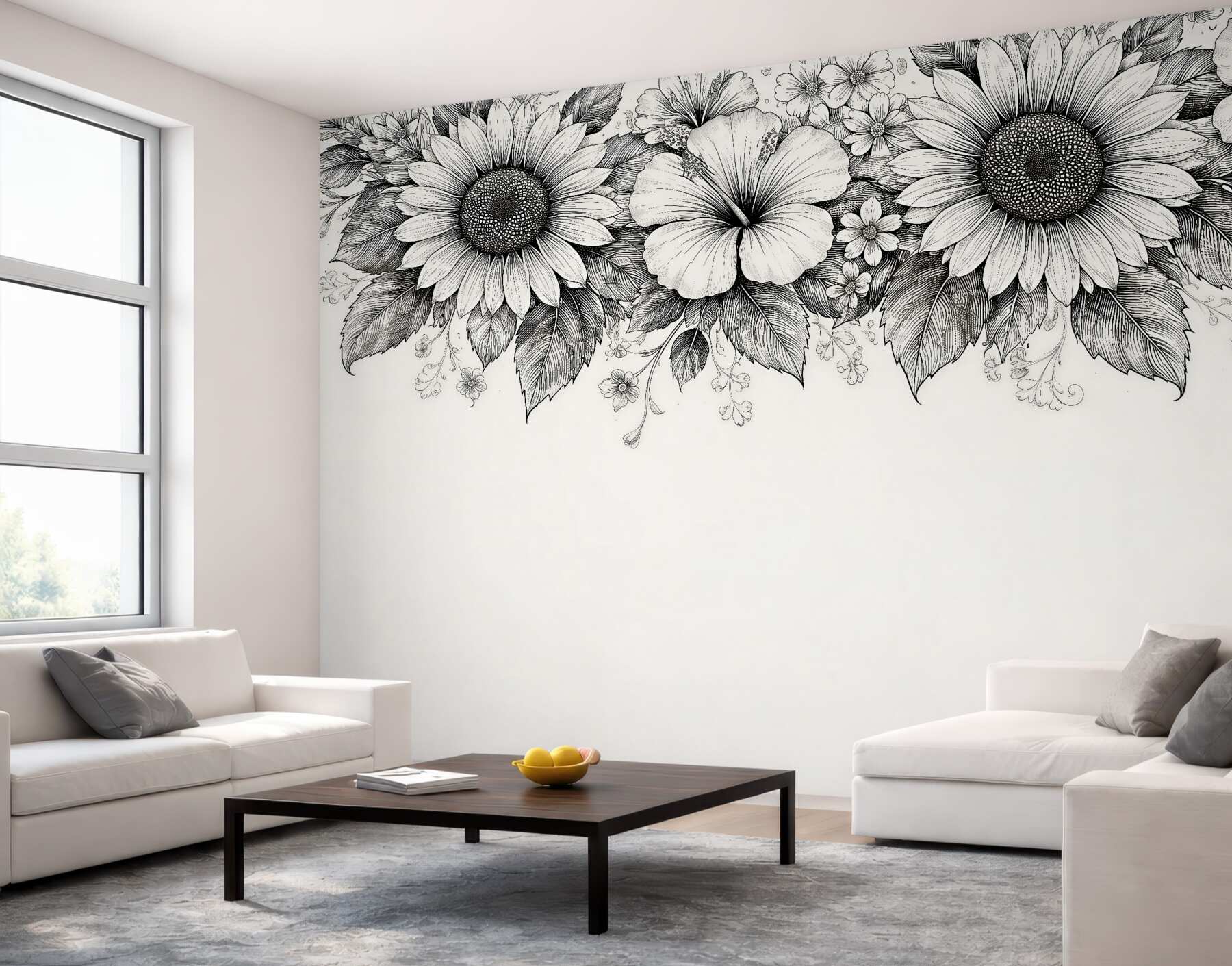 Fototapeten Schwarz-weiße Blumen als Skizze