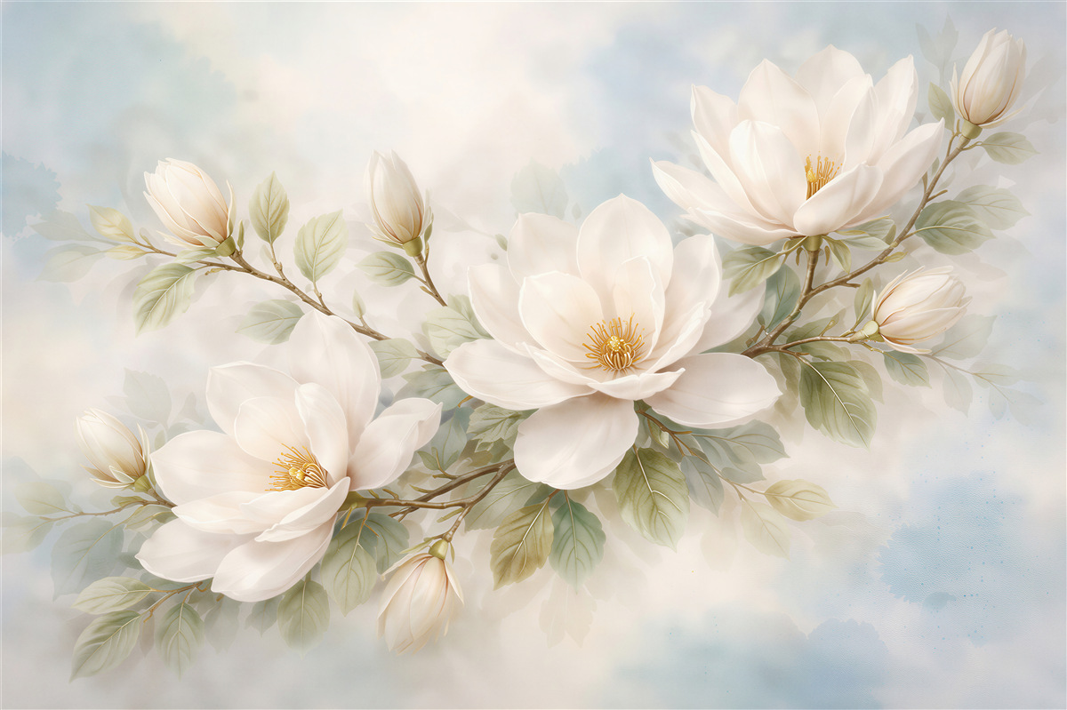 Fototapeten Zarte Magnolien im pastellfarbenen Nebel