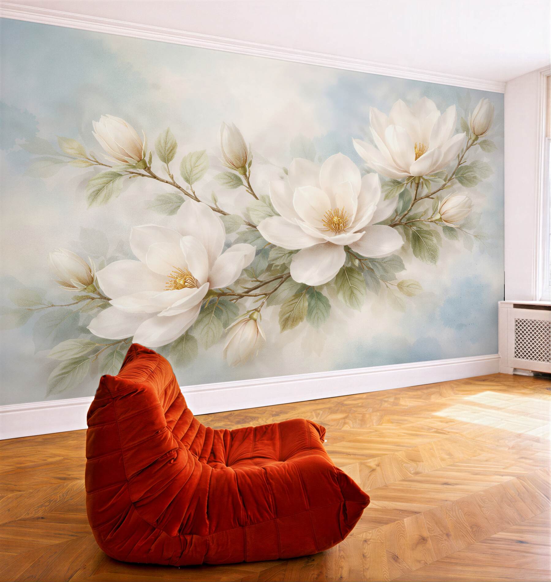 Fototapeten Zarte Magnolien im pastellfarbenen Nebel