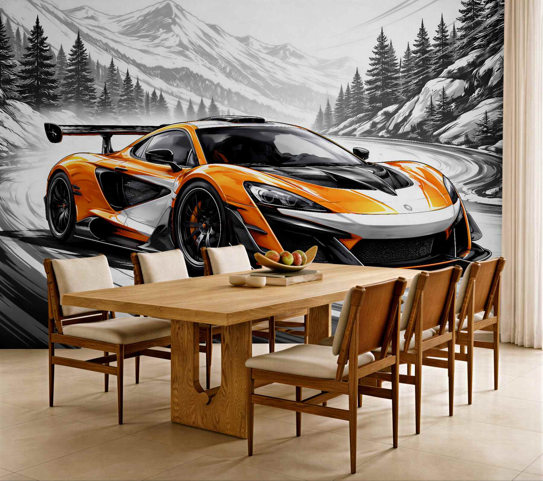 Fototapeten Oranger Supersportwagen in einer Bergkurve