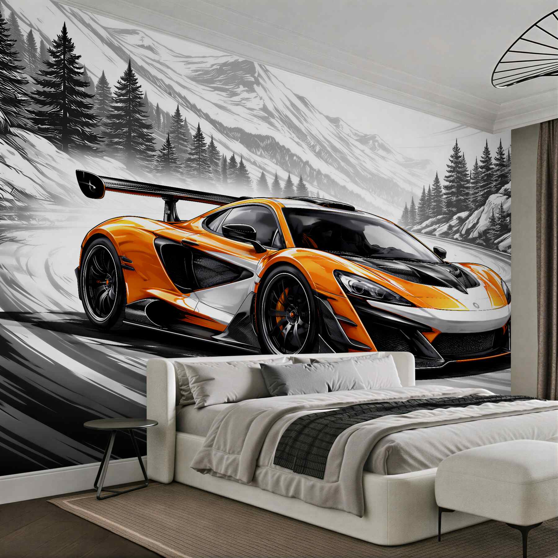 Fototapeten Oranger Supersportwagen in einer Bergkurve