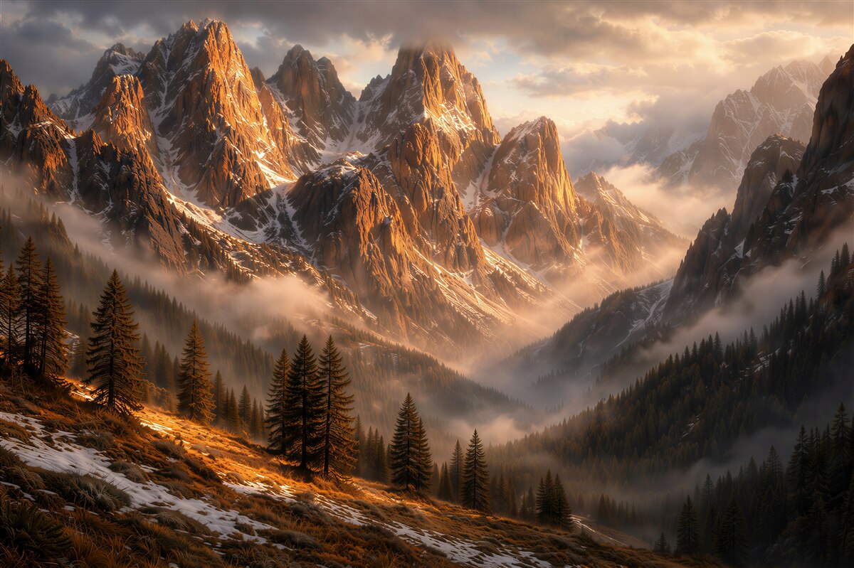 Fototapeten Goldene Berggipfel im Morgennebel