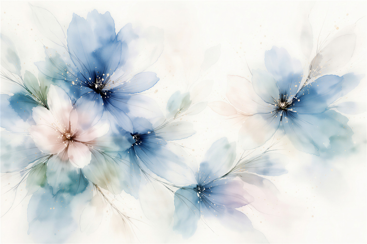 Fototapeten Blaue Blumen im Aquarellglanz