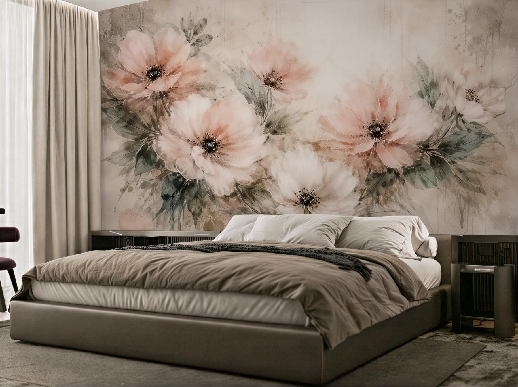 Fototapeten Puderfarbene Blumen in Aquarell