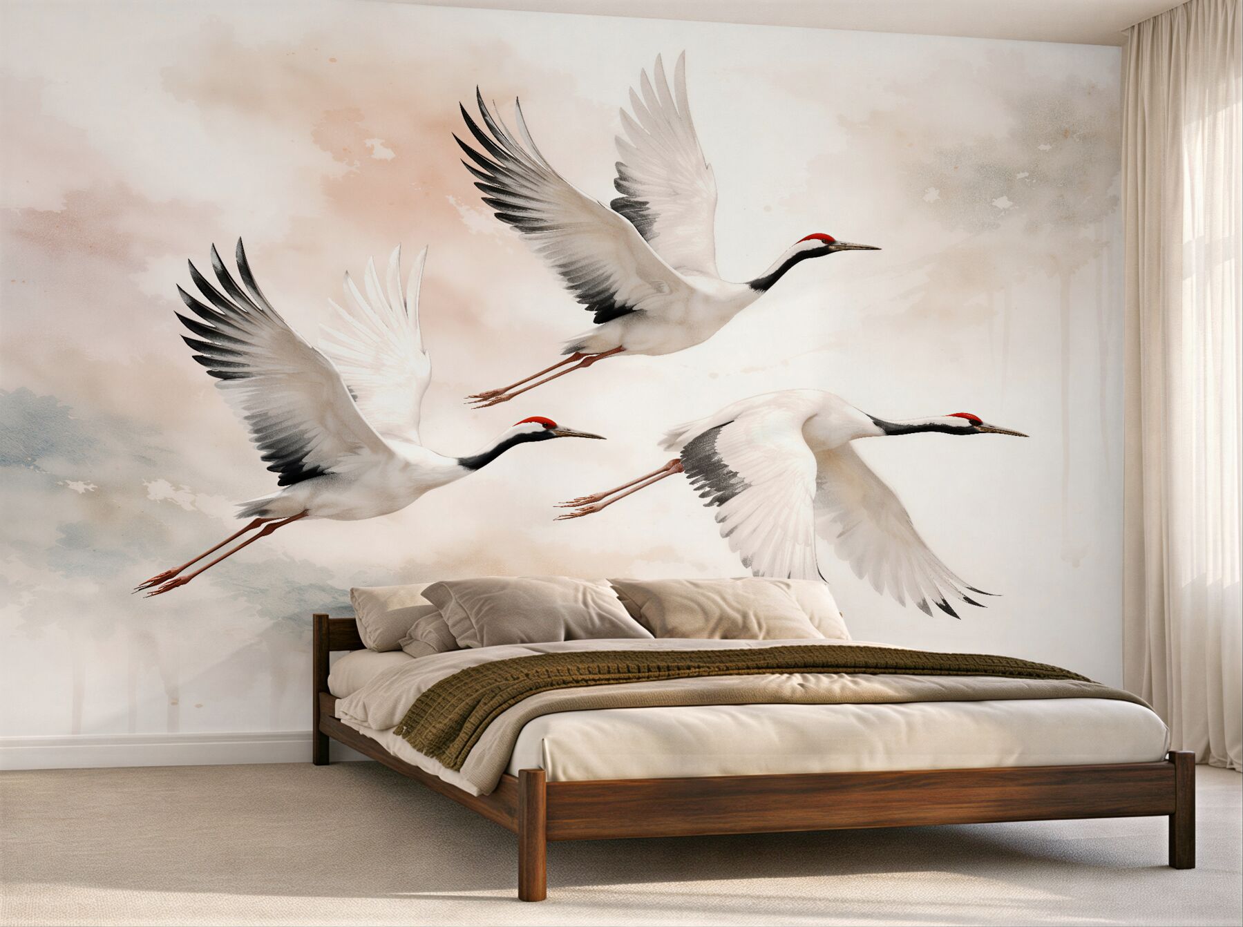 Fototapeten Fliegende Kraniche in Pastelltönen