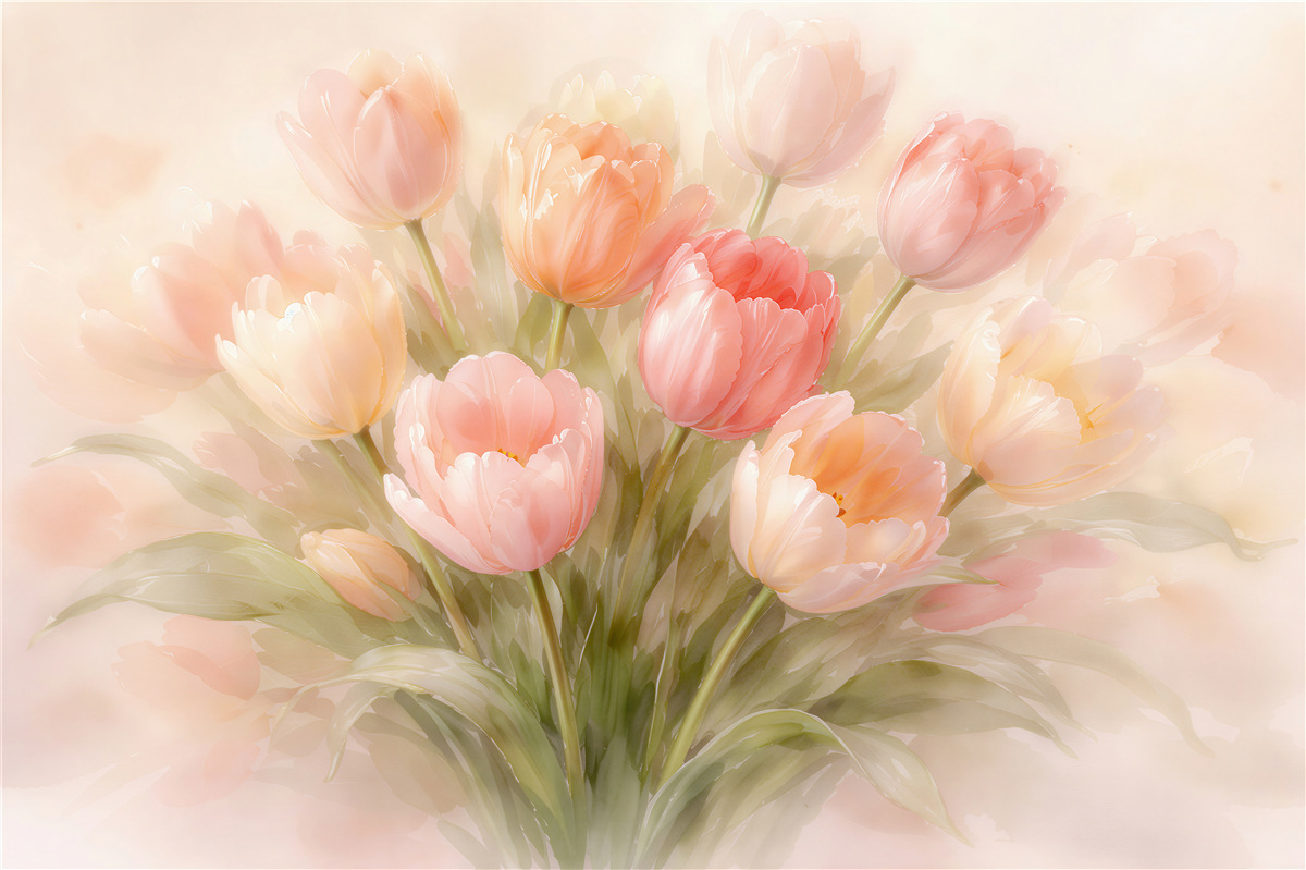 Fototapeten Pastellfarbene Tulpen im sanften Glanz