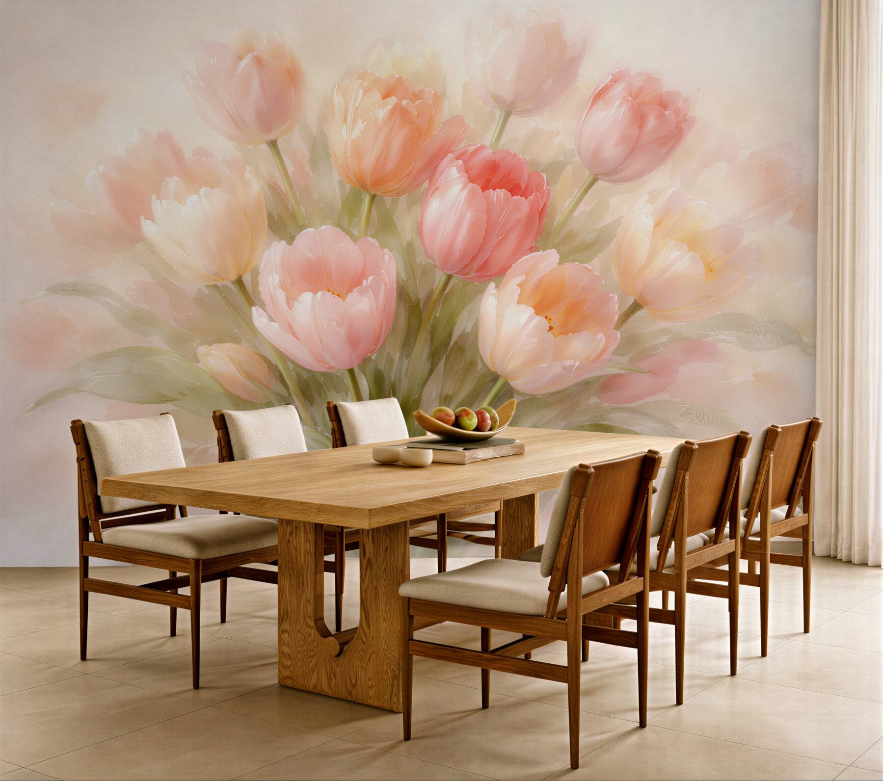 Fototapeten Pastellfarbene Tulpen im sanften Glanz