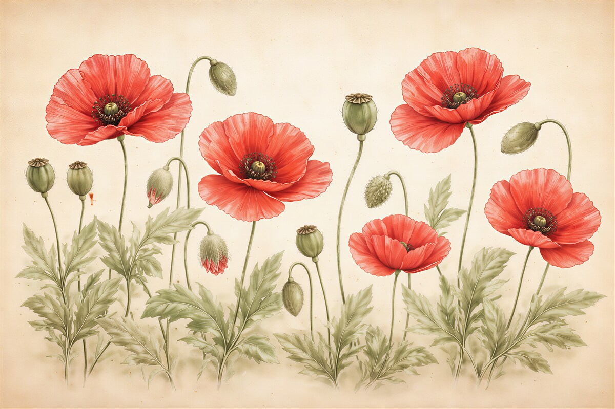 Fototapeten Zarte Mohnblumen im Vintage-Stil