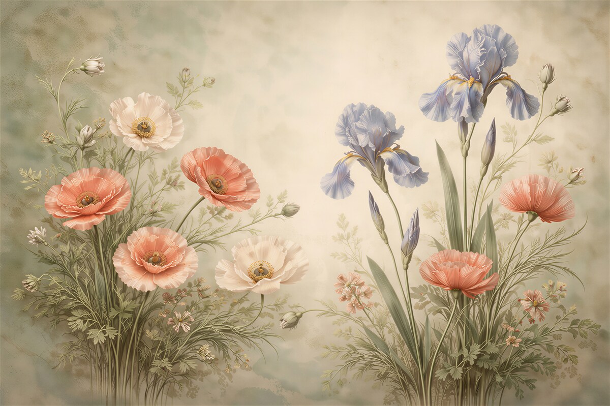 Fototapeten Pastellmohn und Schwertlilien