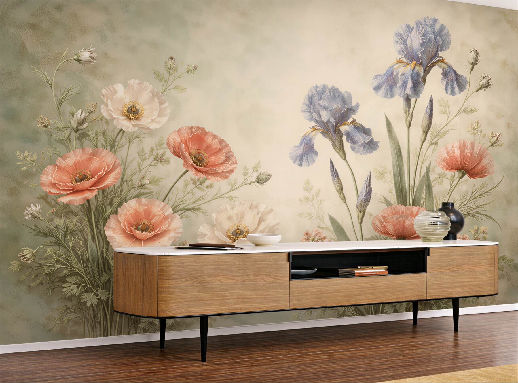 Fototapeten Pastellmohn und Schwertlilien