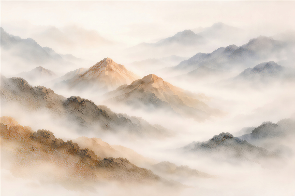Fototapeten Goldene Berge im Nebel