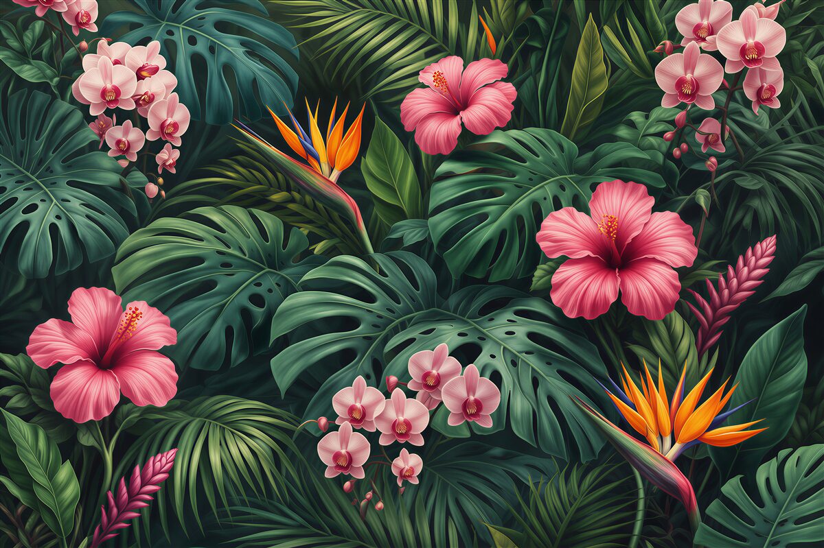 Fototapeten Tropischer Dschungel mit rosa Blumen