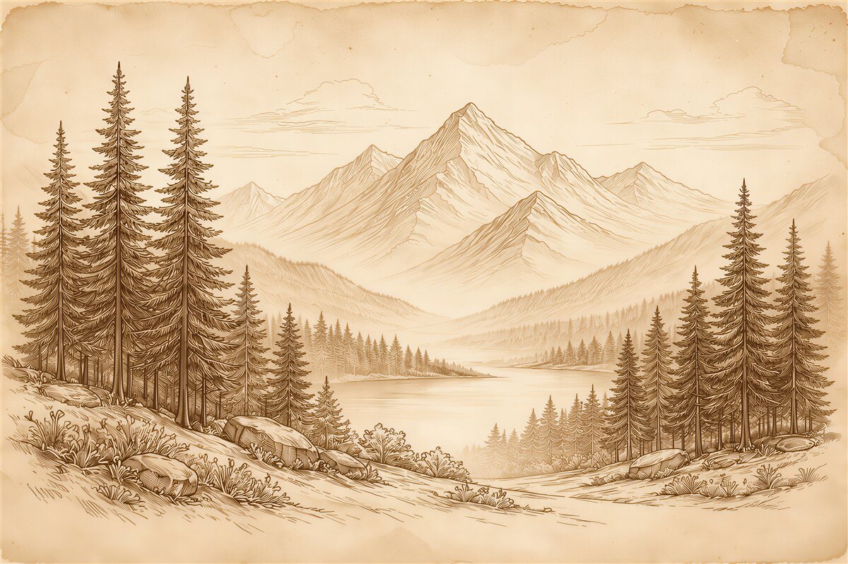 Fototapeten Bergsee im Retro-Stil