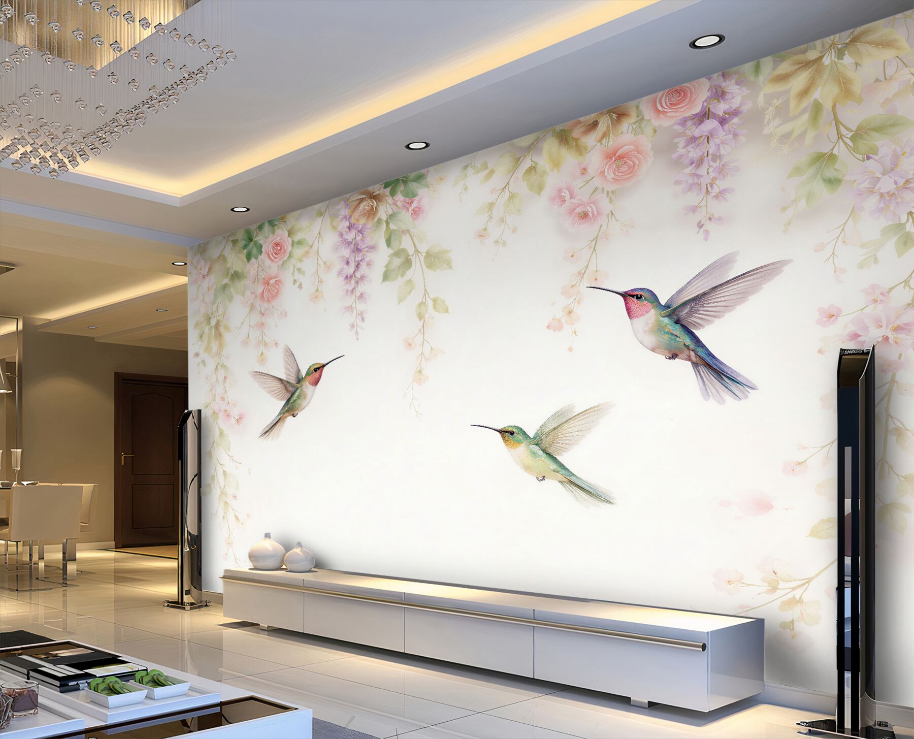 Fototapeten Kolibris in pastelligen Blüten