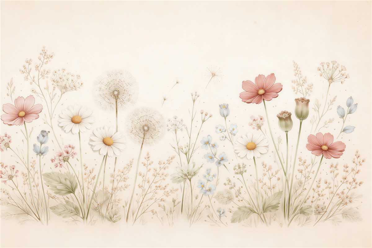 Fototapeten Zarte Blumenwiese mit Pusteblumen