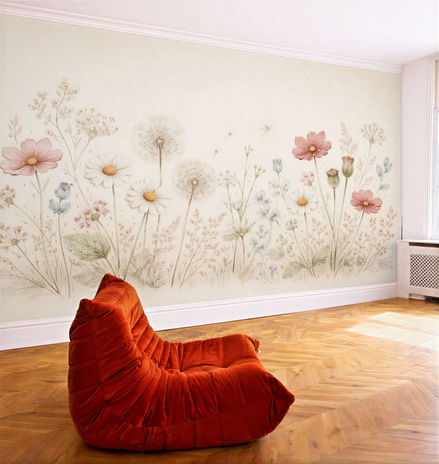 Fototapeten Zarte Blumenwiese mit Pusteblumen