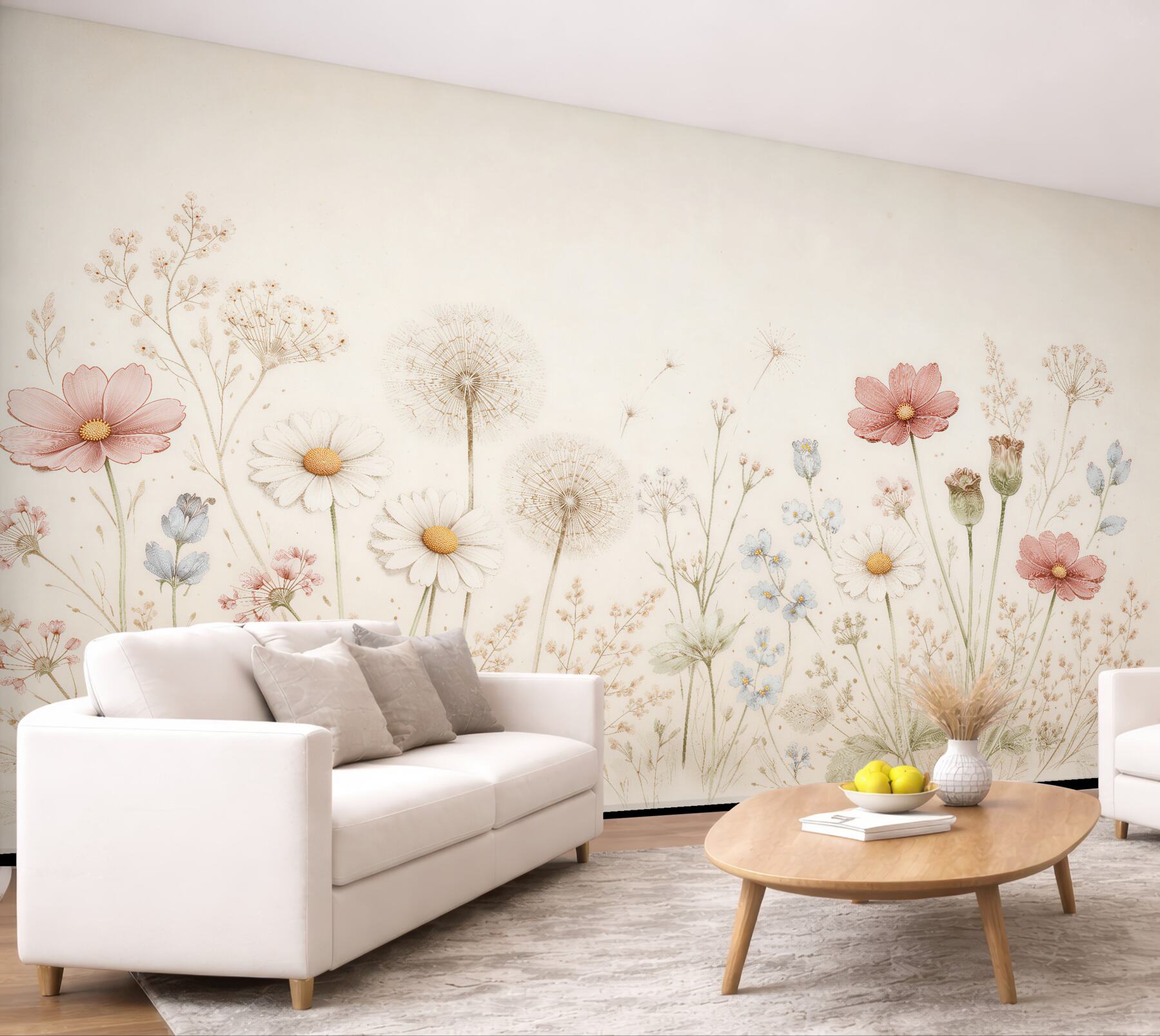 Fototapeten Zarte Blumenwiese mit Pusteblumen