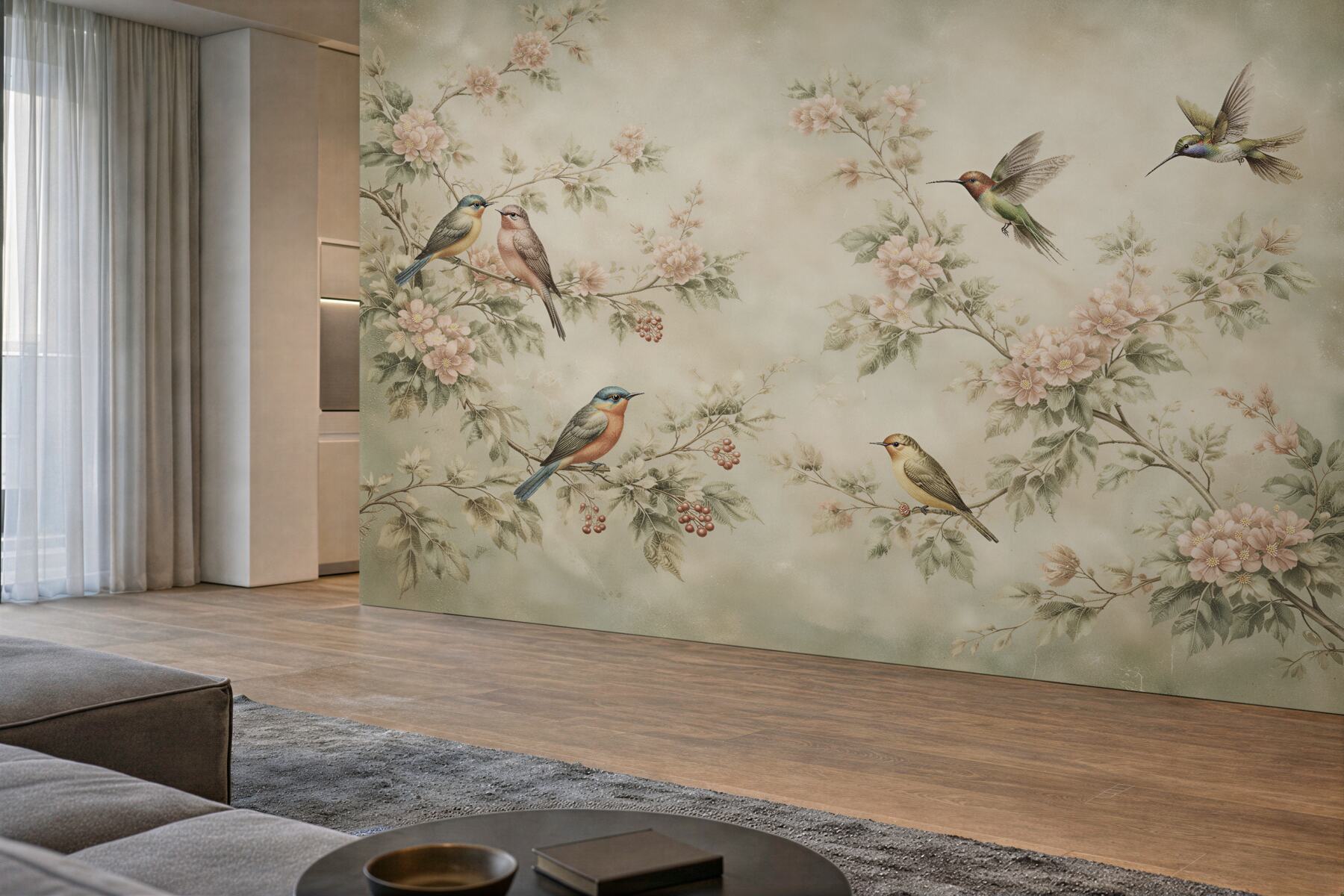 Fototapeten Romantische Vögel in Blumen